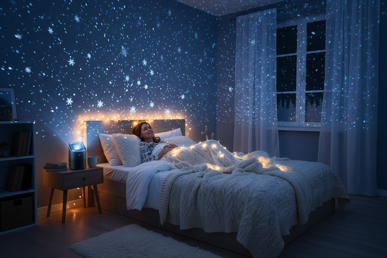 A dark bedroom transformed by a snowfall projector light, with snowflakes gently falling across the walls and ceiling. A person relaxing on the bed, cozy blankets, and warm ambient lighting. The projector device visible on a nightstand, realistic and dreamy atmosphere, perfect for Christmas or winter decoration."